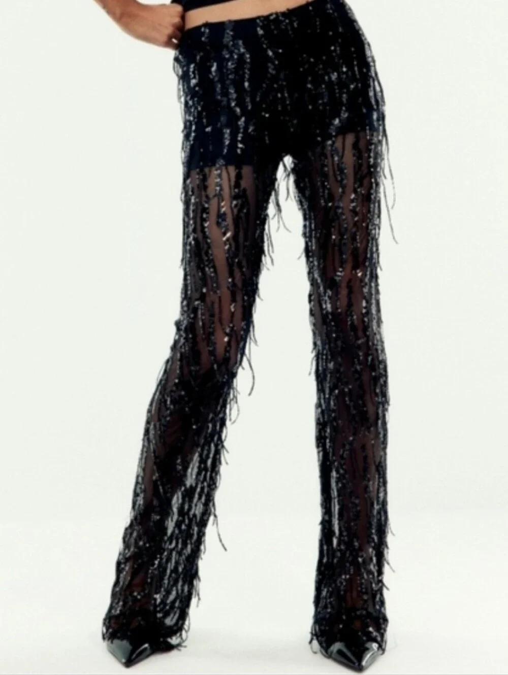 Zara SEQUIN FRINGED FLARE PANTS LEGGINGS BLACK SIZE L